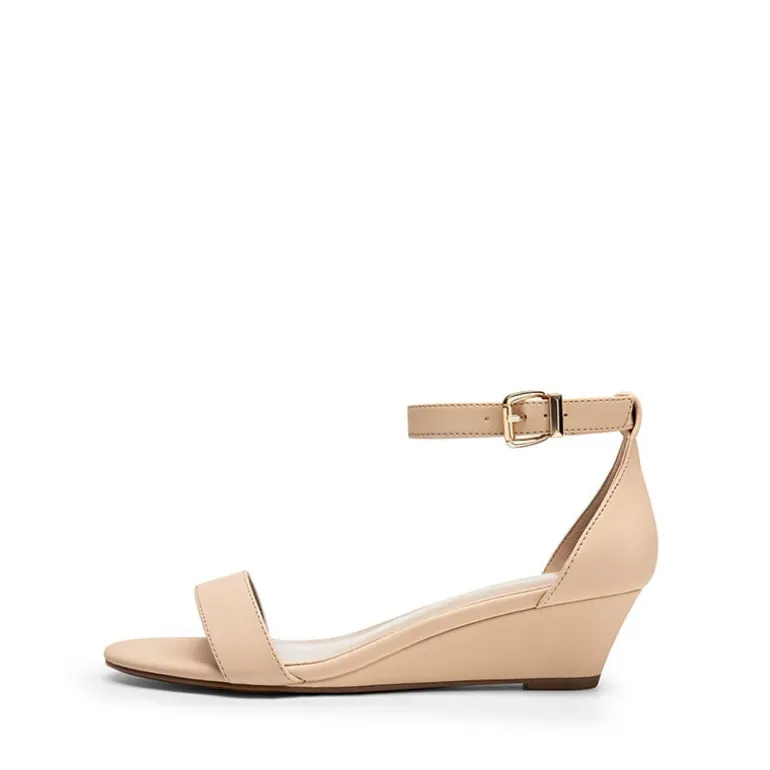 Wide-Toe Ankle Strap Low Wedge Sandals