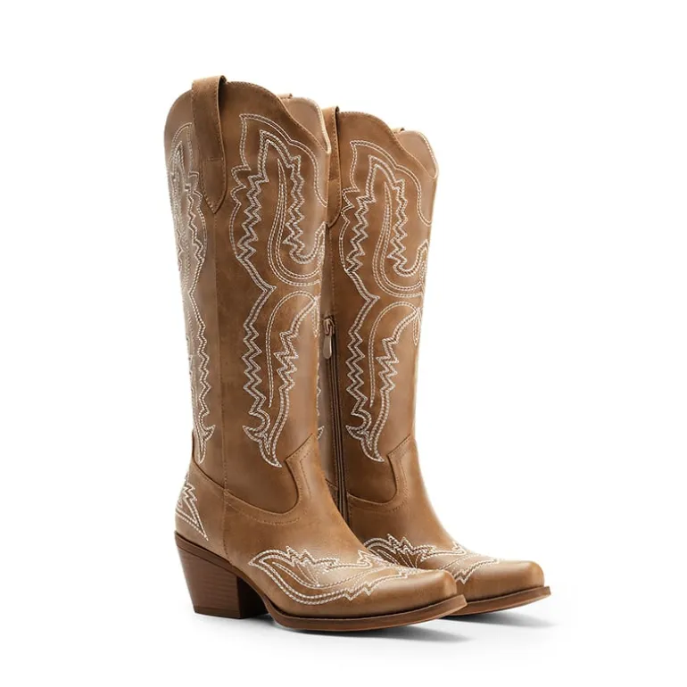 Women’s Embroidered Square Toe Western Cowboy Boots with Zipper