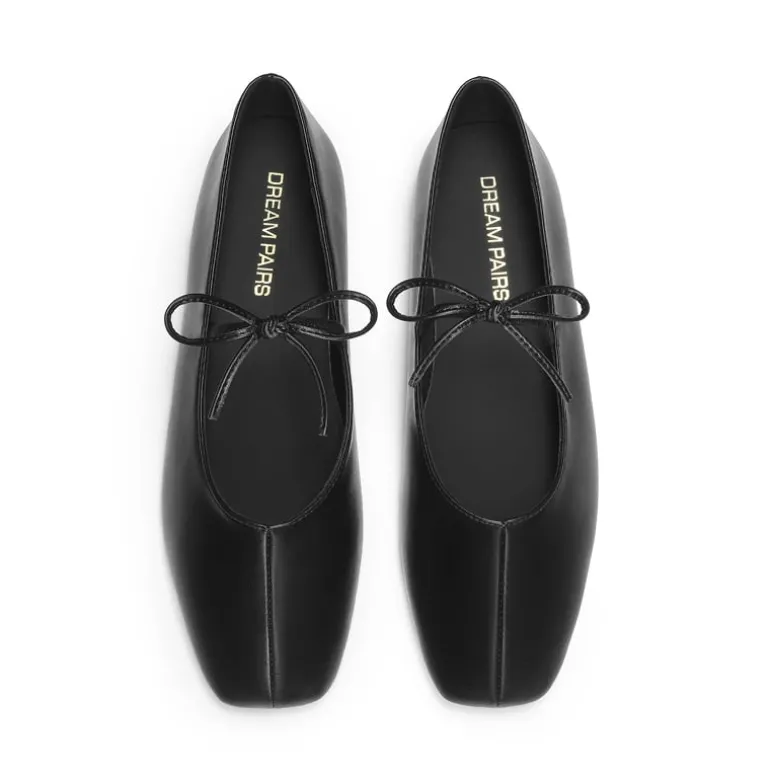Women's Square Toe Ballet Flats with Elastic Strap & Bow
