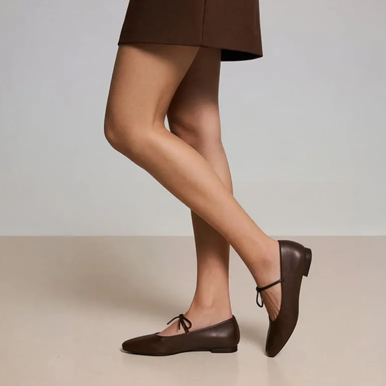 Women's Square Toe Ballet Flats with Elastic Strap & Bow