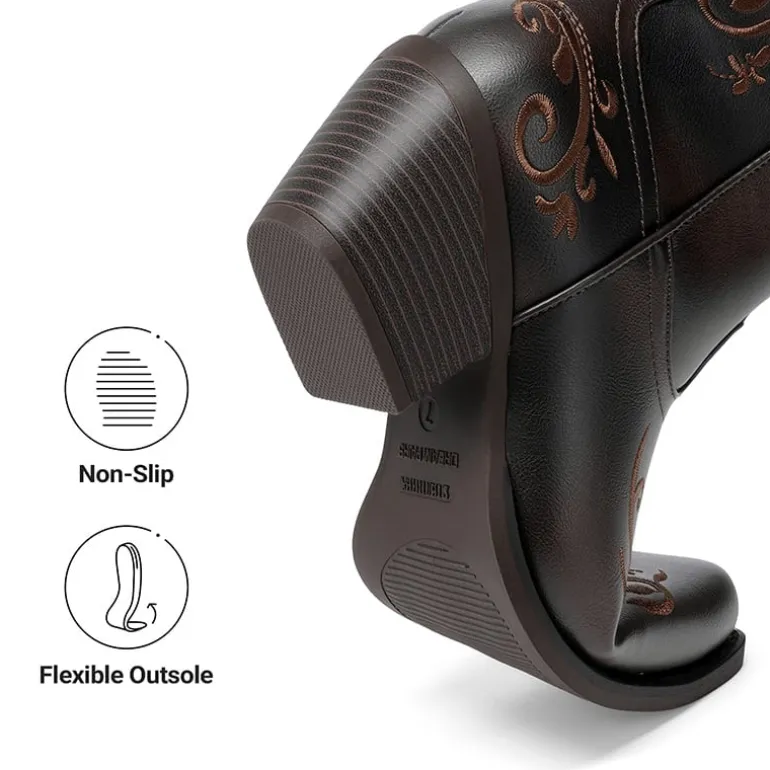 Women’s Square Toe Block Heel Western Boots with Embroidery
