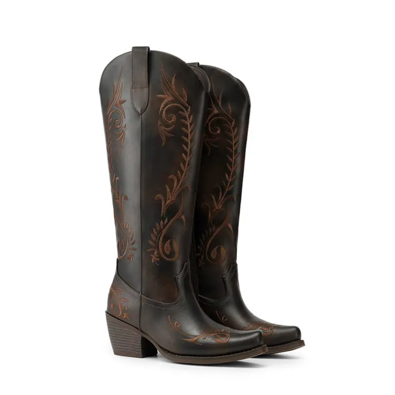 Women’s Square Toe Block Heel Western Boots with Embroidery