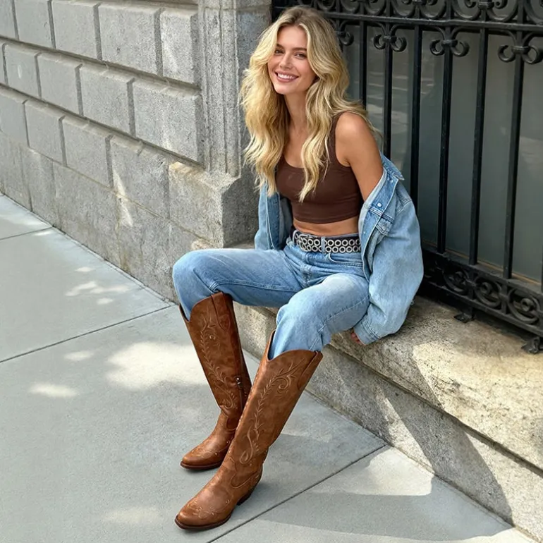 Women’s Square Toe Block Heel Western Boots with Embroidery