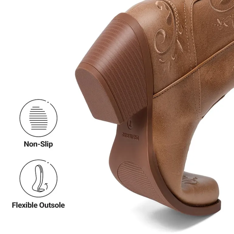 Women’s Square Toe Block Heel Western Boots with Embroidery
