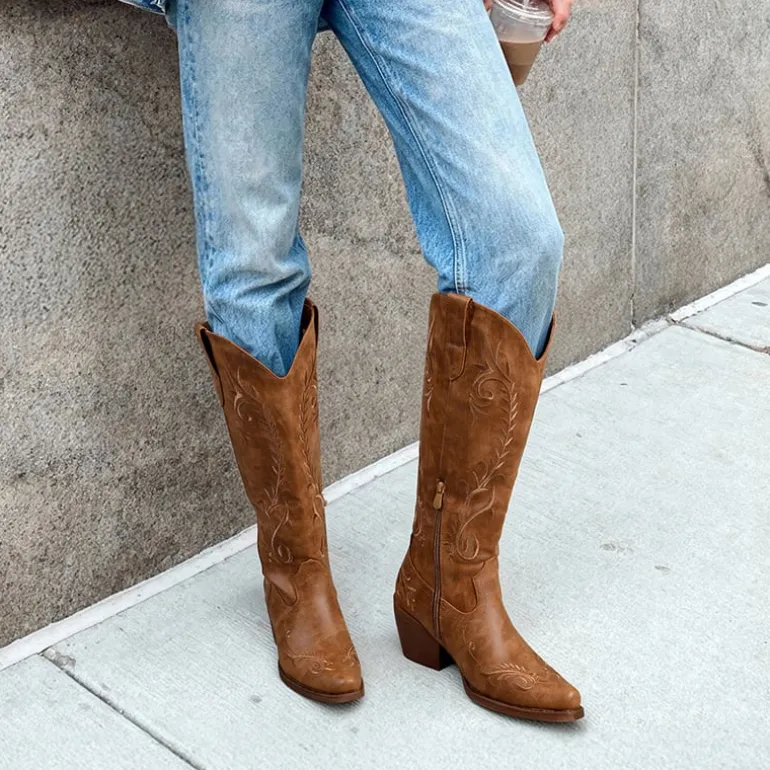 Women’s Square Toe Block Heel Western Boots with Embroidery