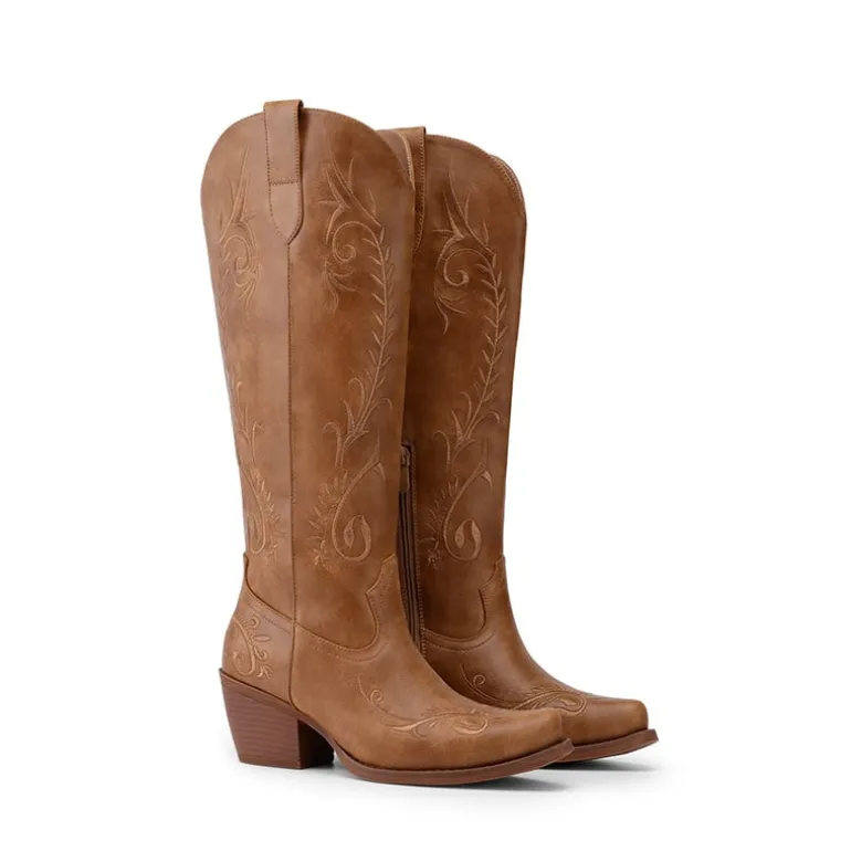 Women’s Square Toe Block Heel Western Boots with Embroidery