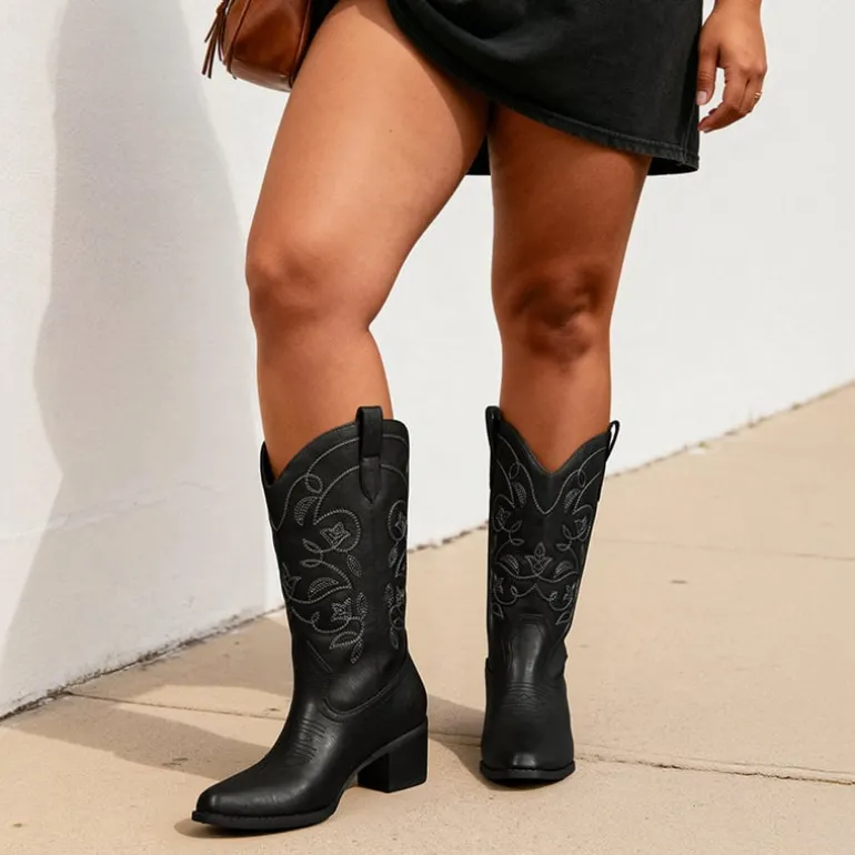 Women’s Wide-calf Embroidered Distressed Cowboy Boots